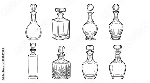 decanter , realistic line art vector set , white background , PNG and SVG isolate