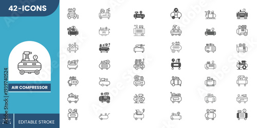 Air Compressor Vector Icon Set – Pneumatic Pump, Industrial Machine, Workshop Equipment, Garage Tool Symbols Pack.
