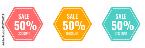 Retail marketing hexagon labels showing 50 percent discount in red, orange and teal