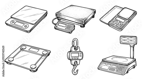 electronic scale , realistic line art vector set , white background , PNG and SVG isolate