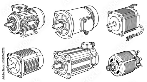 electric motor , realistic line art vector set , white background , PNG and SVG isolate