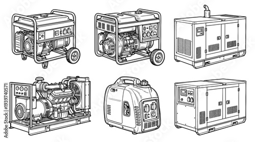 electric generator , realistic line art vector set , white background , PNG and SVG isolate