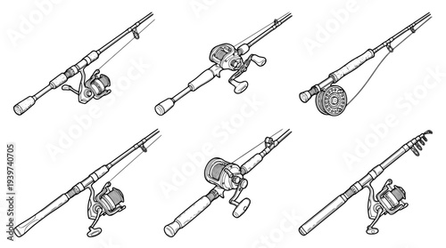 fishing rod , realistic line art vector set , white background , PNG and SVG isolate