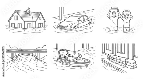 flood , realistic line art vector set , white background , PNG and SVG isolate