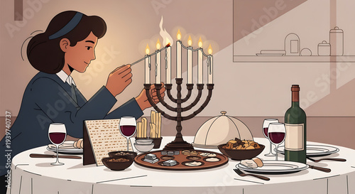 A woman lights a menorah on a table set for a holiday meal with wine and food, symbolizing traditions and celebrations