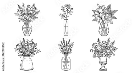 flower arranging vase , realistic line art vector set , white background , PNG and SVG isolate