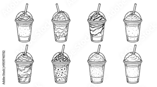 frappuccino , realistic line art vector set , white background , PNG and SVG isolate