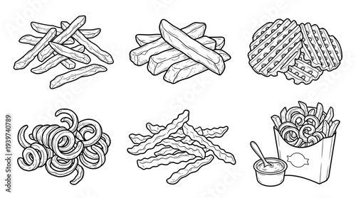 french fries , realistic line art vector set , white background , PNG and SVG isolate
