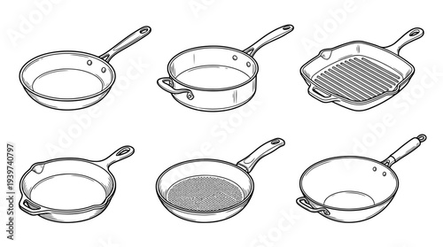 frying pan , realistic line art vector set , white background , PNG and SVG isolate