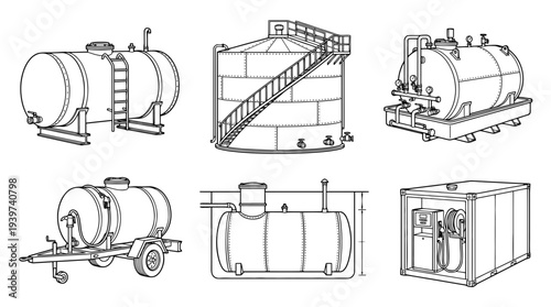 fuel tank , realistic line art vector set , white background , PNG and SVG isolate