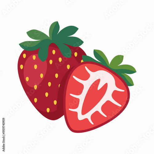 This vibrant illustration showcases whole and halved strawberries, celebrating their appeal through bright colors, inviting viewers to appreciate their freshness and juiciness.
