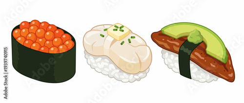 This captivating image features a selection of sushi items, including rolls and garnishes, highlighting the culinary art and diverse flavors found in traditional Japanese cuisine.