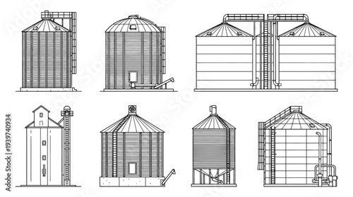 grain silo , realistic line art vector set , white background , PNG and SVG isolate