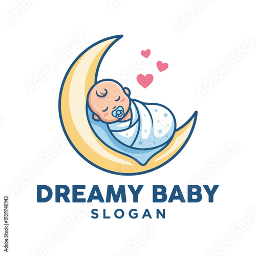 A charming logo design featuring a sleeping baby in a crescent moon, conveying dreams and a sense of calm, ideal for businesses focused on newborns and parental products.