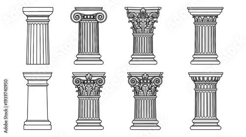 greek column , realistic line art vector set , white background , PNG and SVG isolate