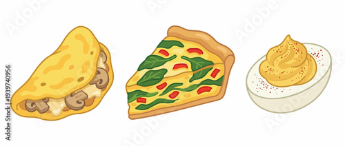 A tantalizing display of three delicious food items, including an omelet, pizza slice, and creamy dessert, perfect for gourmet inspiration and culinary art.