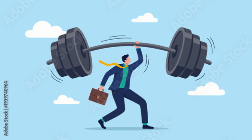 A humorous depiction of a businessman lifting heavy weights while dressed in formal attire, symbolizing the balance between work and fitness in a playful way.
