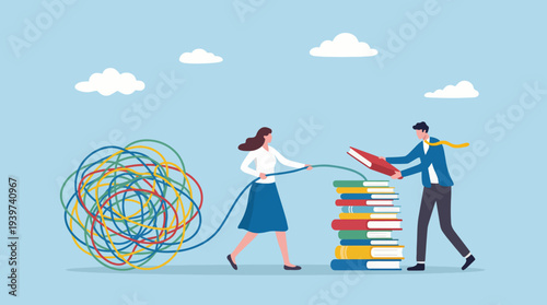 An illustration depicting a woman organizing chaotic thoughts while a man stacks books, representing the journey of knowledge, learning, and clarity in education.