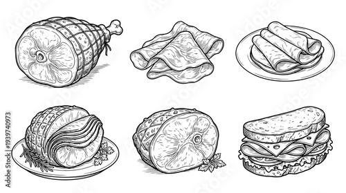 ham , realistic line art vector set , white background , PNG and SVG isolate