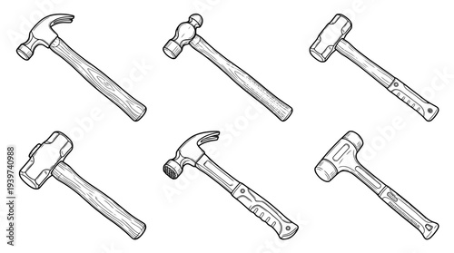 hammer , realistic line art vector set , white background , PNG and SVG isolate