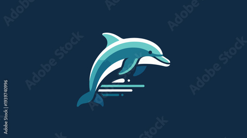 A playful dolphin illustration breaching the water's surface, captured in shades of teal and dark blue, reflecting the joy and freedom of ocean life, perfect for marine-related projects.