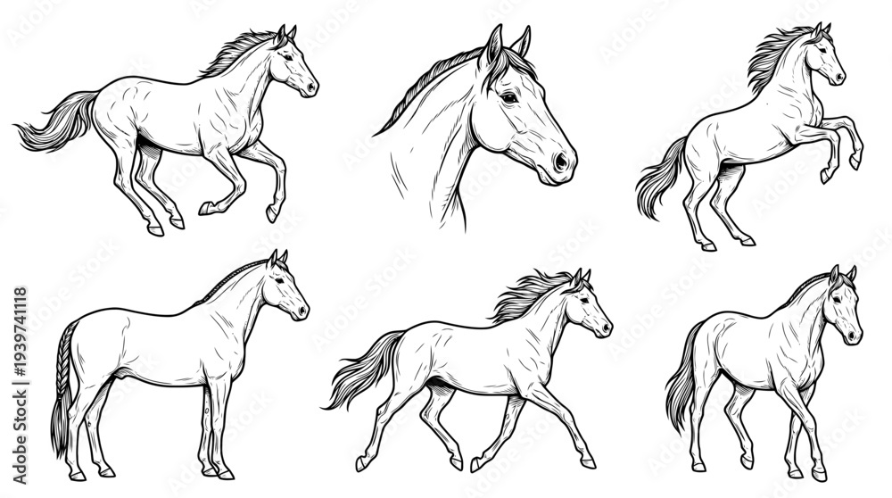 Fototapeta premium horse , realistic line art vector set , white background , PNG and SVG isolate