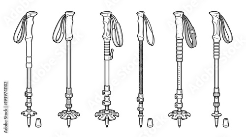 hiking pole , realistic line art vector set , white background , PNG and SVG isolate