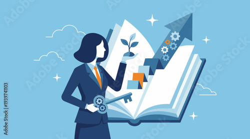 The image features a confident business woman holding a key with a thriving plant and an open book, symbolizing growth, success, and the pursuit of knowledge in the business realm.