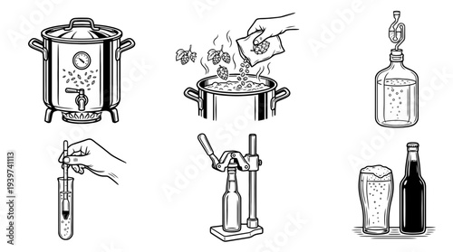 home brewing beer , realistic line art vector set , white background , PNG and SVG isolate