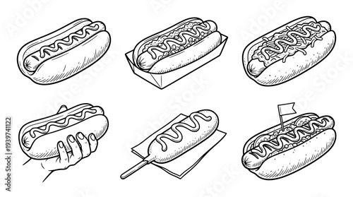 hot dog , realistic line art vector set , white background , PNG and SVG isolate