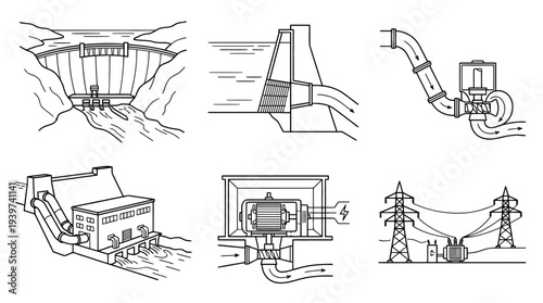 hydro power , realistic line art vector set , white background , PNG and SVG isolate