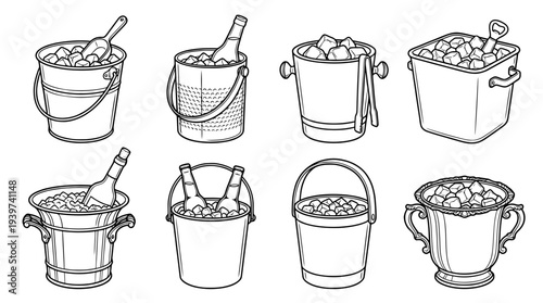ice bucket , realistic line art vector set , white background , PNG and SVG isolate