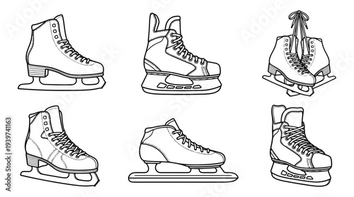 ice skate , realistic line art vector set , white background , PNG and SVG isolate