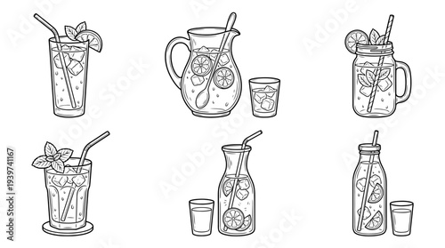 iced tea , realistic line art vector set , white background , PNG and SVG isolate