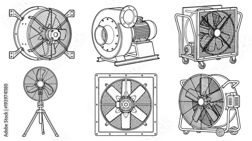 industrial fan , realistic line art vector set , white background , PNG and SVG isolate