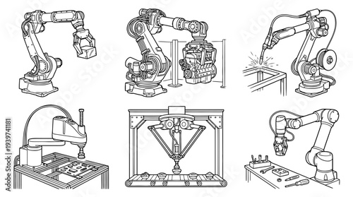 industrial robot arm , realistic line art vector set , white background , PNG and SVG isolate