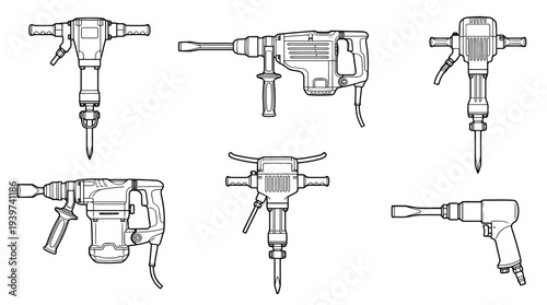 jackhammer , realistic line art vector set , white background , PNG and SVG isolate