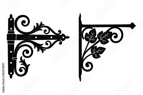Ornate Black Metal Scrollwork Hinge and Bracket Vector Icons