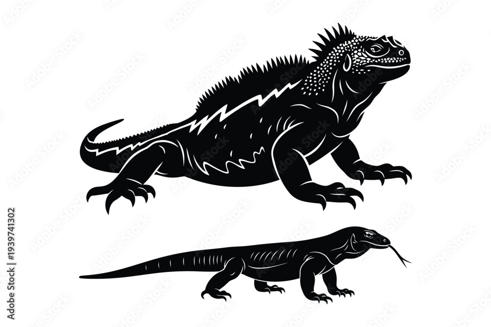 Fototapeta premium Black Silhouette Vector of Marine Iguana and Komodo Dragon