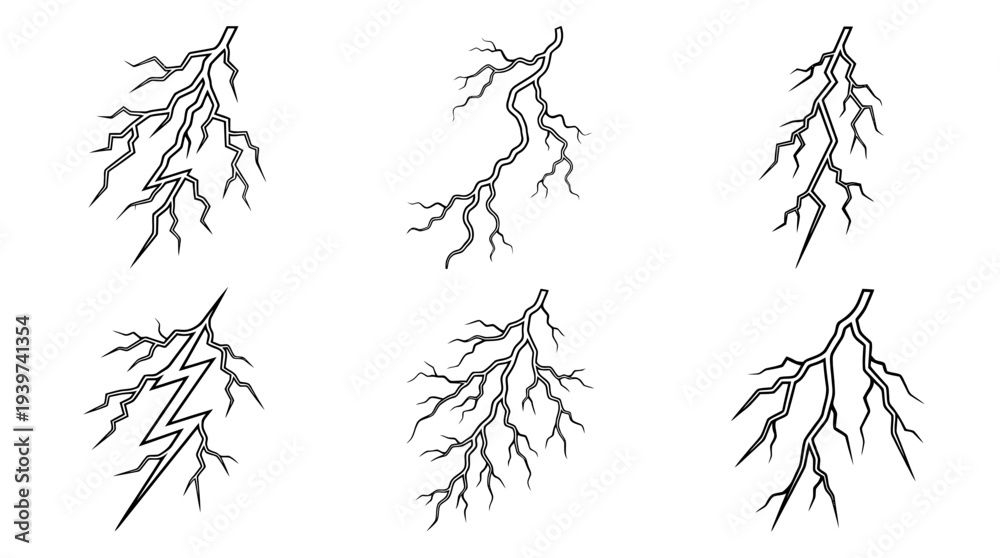 Obraz premium lightning bolt , realistic line art vector set , white background , PNG and SVG isolate