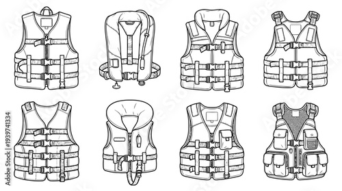 life jacket , realistic line art vector set , white background , PNG and SVG isolate