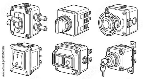 light switch industrial , realistic line art vector set , white background , PNG and SVG isolate