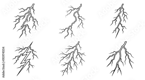 lightning bolt , realistic line art vector set , white background , PNG and SVG isolate