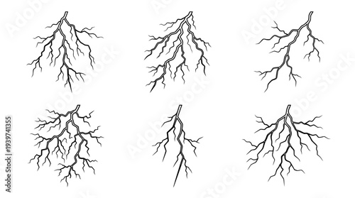 lightning , realistic line art vector set , white background , PNG and SVG isolate