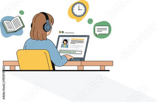 Woman using laptop with headphones participating in a virtual meeting or online learning