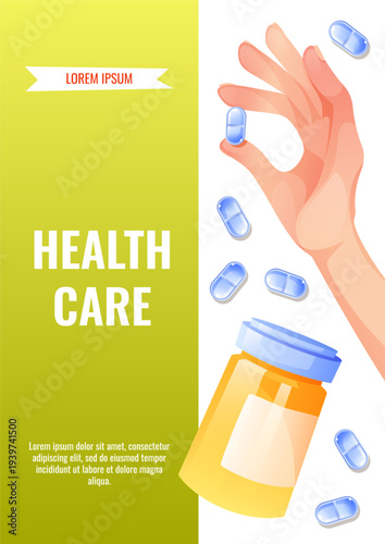 Medical Poster with Female Hand Holding Blue Pills and Prescription Bottle