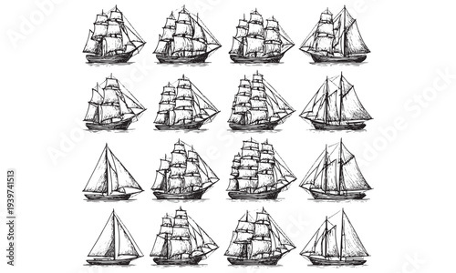 Vintage Sailing Ships Tall Ships Schooners Engraving Illustration Set