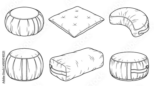 meditation cushion , realistic line art vector set , white background , PNG and SVG isolate