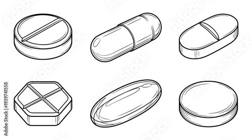 medicine pill , realistic line art vector set , white background , PNG and SVG isolate