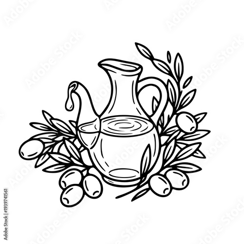 Pure Extra Virgin Olive Oil Decanter – Organic Mediterranean Cooking and Olive Branch Line Art Illustration
